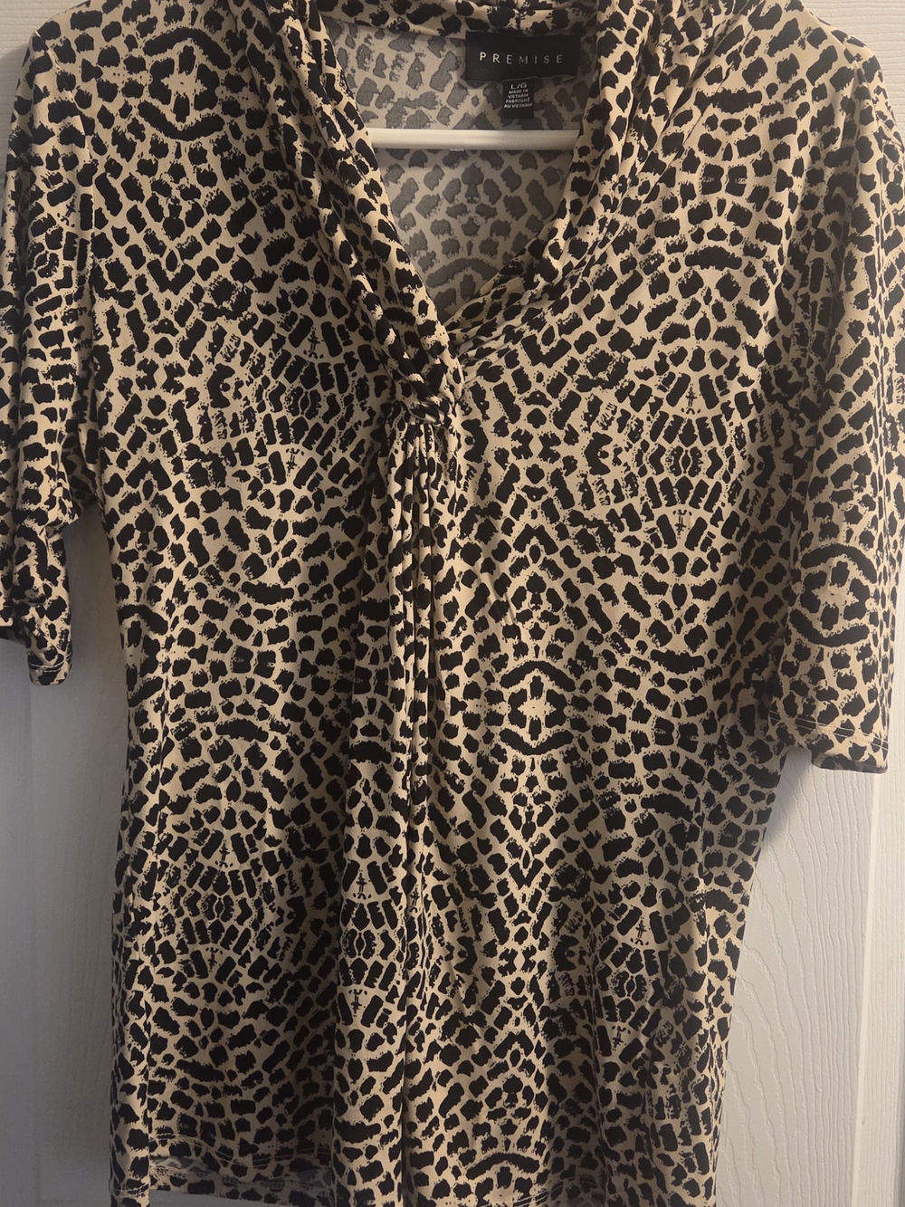 Premise Tan and Black Animal Print Tie-Neck Women’s Top Large Blouse